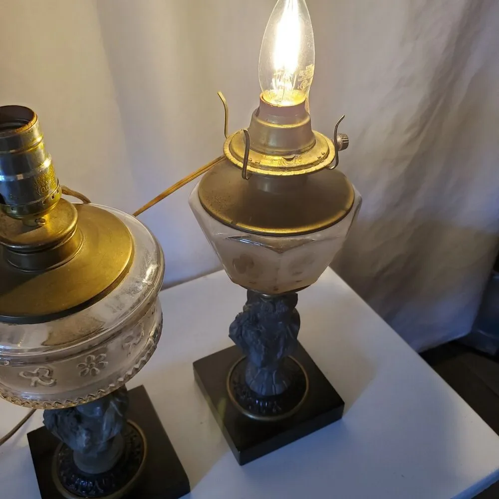 2 Antique Oil Electric Lamps Female Bust Spelter Metal Black & Brass Base Glass